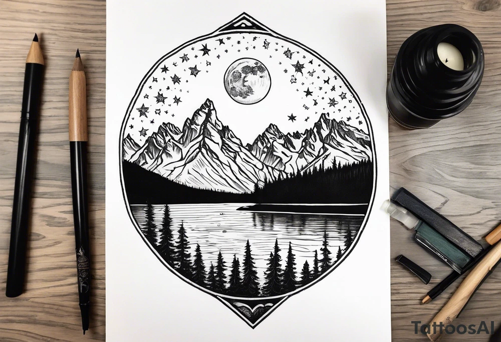 Half sleeve of Teton mountain range with moon and stars in the sky, two moose in front of Teton lake and some fir trees tattoo idea