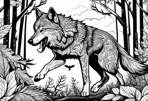 A powerful Wolf ist carrying a crow in His back
Background Woods tattoo idea