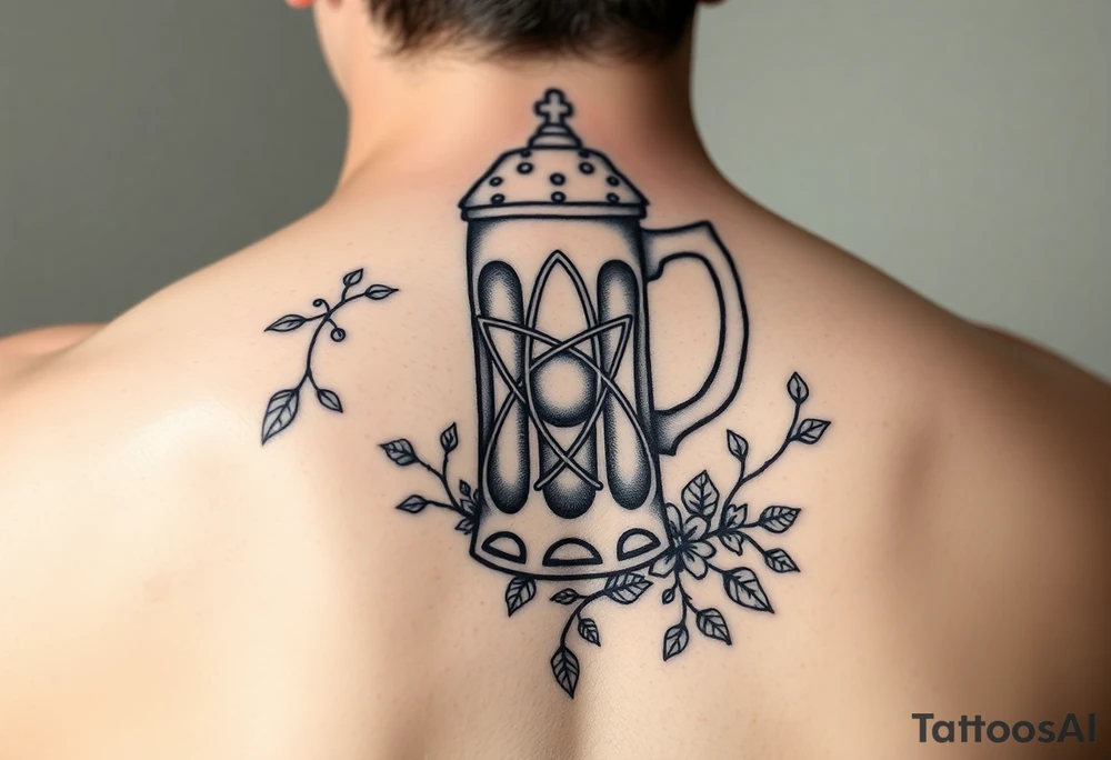 A fine line style German stein in a with an atom and vines on it tattoo idea