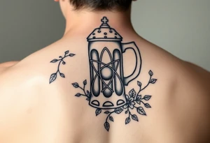 A fine line style German stein in a with an atom and vines on it tattoo idea