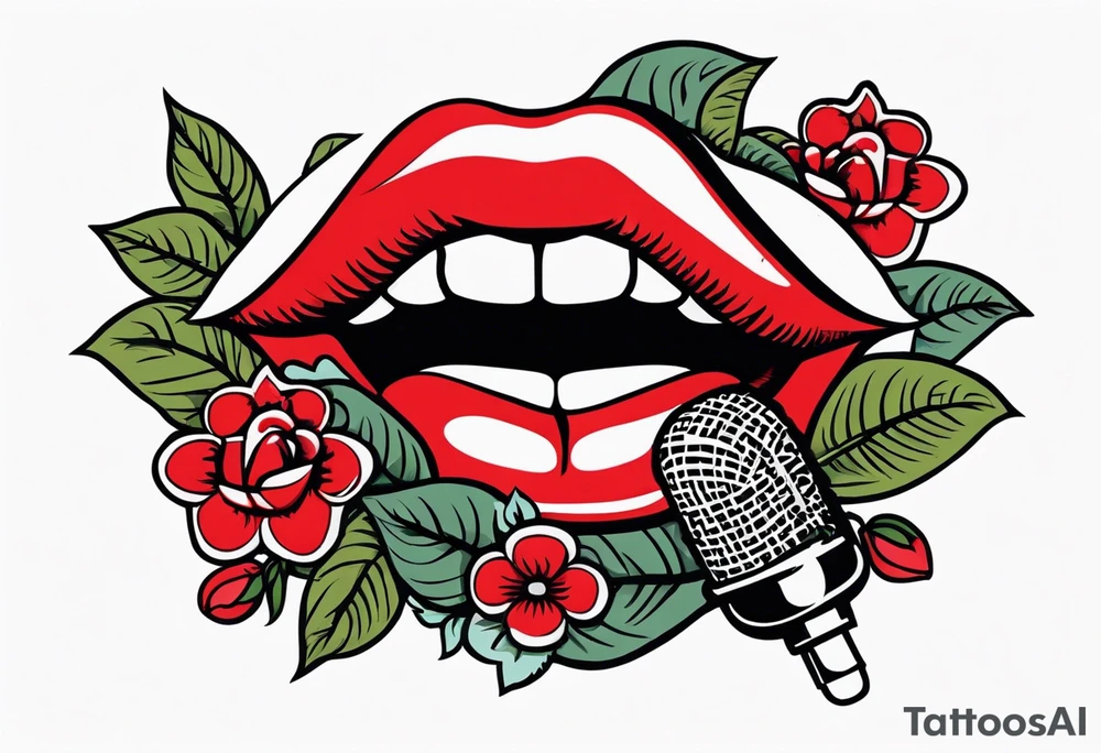lips singing old school vintage traditional
flowers around and mouth next to microphone
bold and colorful simple design tattoo idea