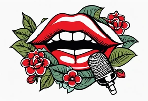 lips singing old school vintage traditional
flowers around and mouth next to microphone
bold and colorful simple design tattoo idea