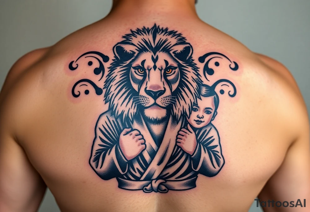 Lion wearing a Brazilian jiu jitsu gi as a person would along side his two sons. The surrounding area is the sarenghetti tattoo idea