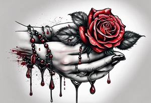 Feminine hand holding a rose with blood dripping down the hand from the thorns with 3 hanging rosary beads. tattoo idea