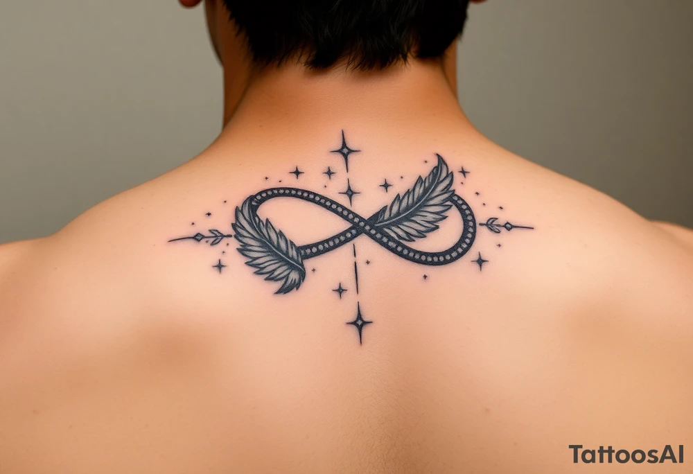 infinity symbol woven with floating feathers and stardust tattoo idea
