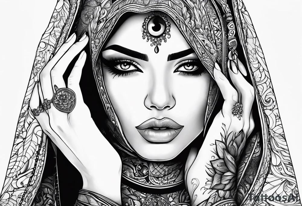 Scarefull woman is closing one of her eye with fingers tattoo idea