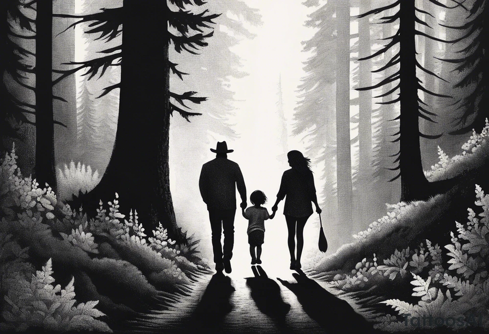 Chicano art . A shadow of a Man and Woman and young son and young daughter  walking through the Pacific Northwest Forrest. Crosses. tattoo idea