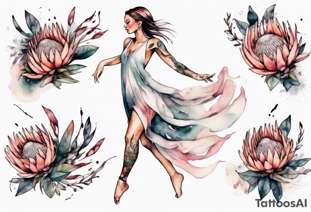 Very feminine tattoo with a woman dancing in a wind of protea flowers tattoo idea