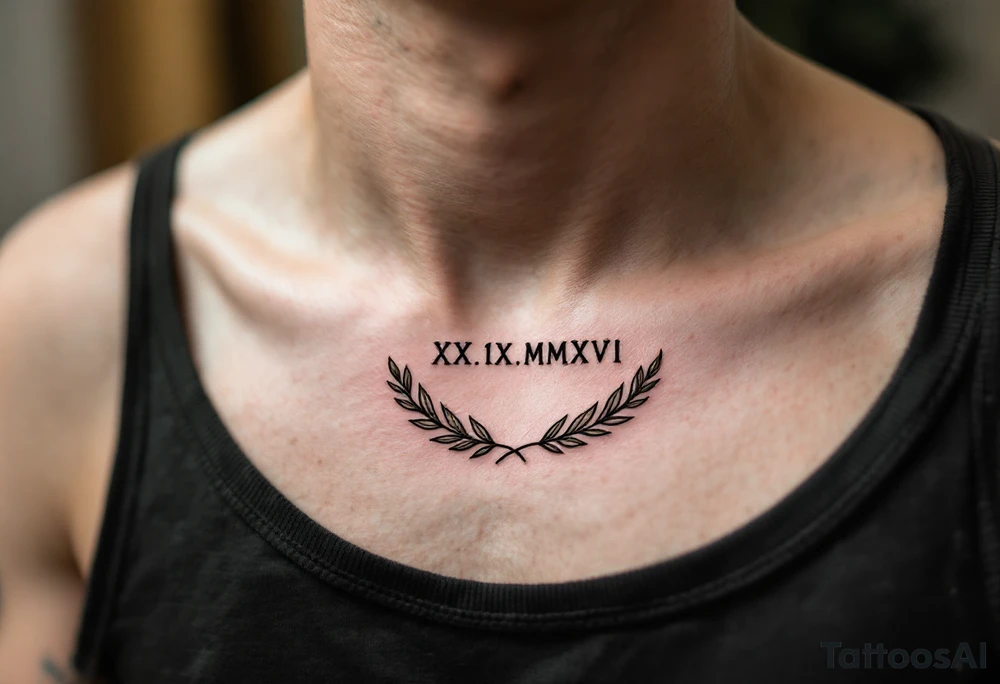 XX.IX.MMXVI in clean black script under the collarbone, paired with laurel leaf outlines in olive green tattoo idea