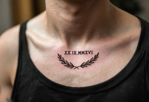 XX.IX.MMXVI in clean black script under the collarbone, paired with laurel leaf outlines in olive green tattoo idea