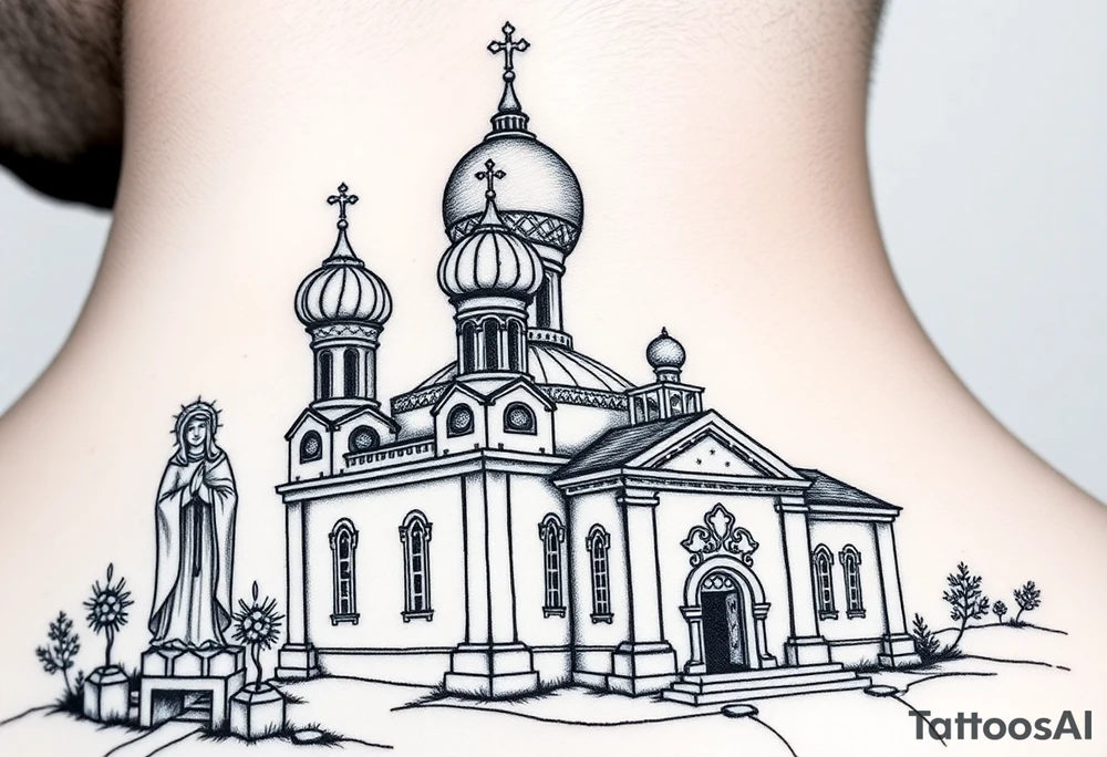 medium sized Russian orthodox church with bulb domes with a prominent russian orthodox style virgin mary stood outside to the left tattoo idea