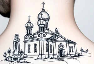 medium sized Russian orthodox church with bulb domes with a prominent russian orthodox style virgin mary stood outside to the left tattoo idea