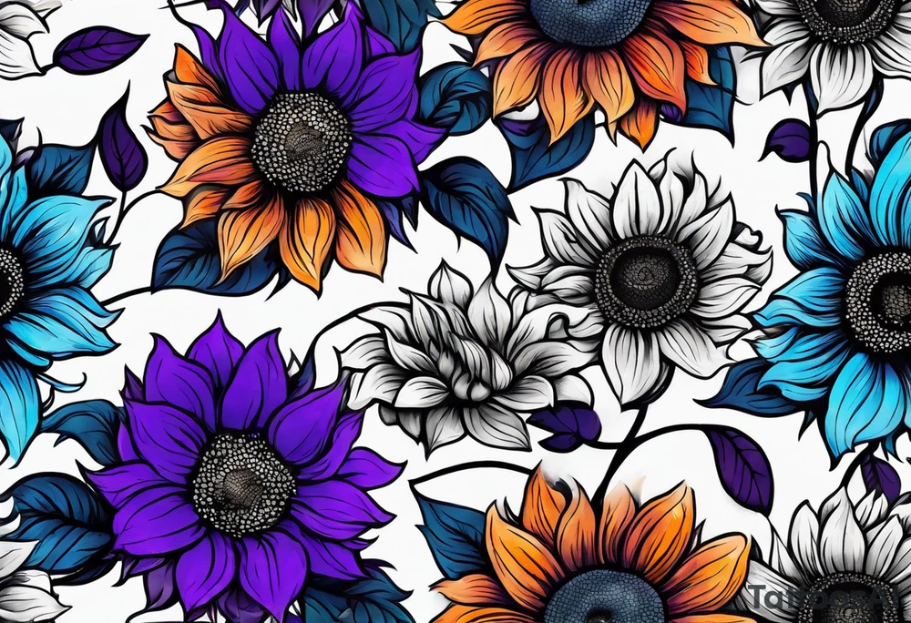 Full arm sleeve with purple, orange and blue sunflowers tattoo idea