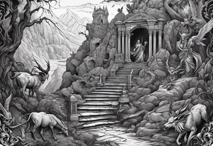 walking through the shadow valley of death with a stair case in the middle and lots of demons on one side and lots angel on the other side tattoo idea