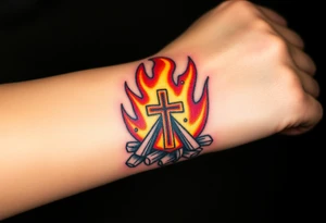 Campfire with cross hidden in the flames tattoo idea