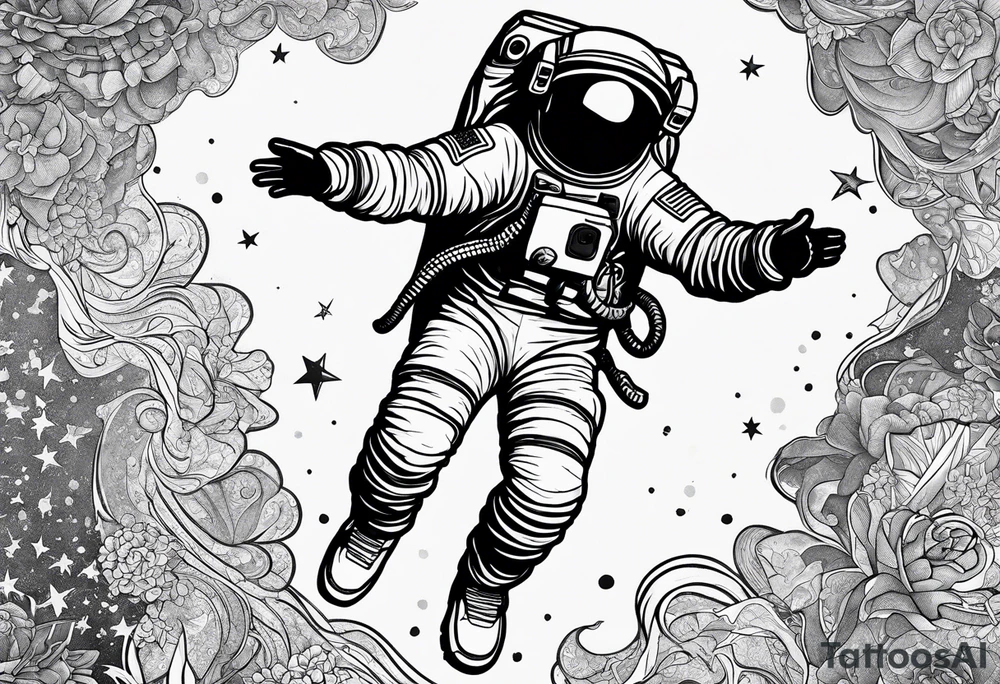 An astronaut floating in a jumping man pose with 1990's air jordan shoes on his feet tattoo idea