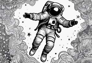 An astronaut floating in a jumping man pose with 1990's air jordan shoes on his feet tattoo idea