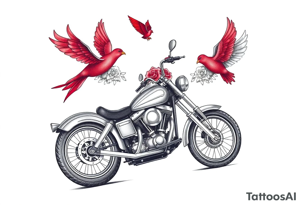 Harley grey motorcycle driving away, two red birds flying, roses, flames, angel wings tattoo idea