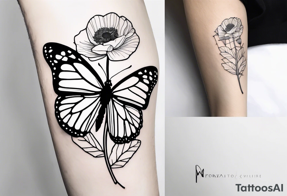 black and white fine line tattoo of a monarch butterfly with poppy flowers exclusively inside the top halves of the wings, featuring minimalistic lines and intricate details, while the bottom halves remain simple. tattoo idea