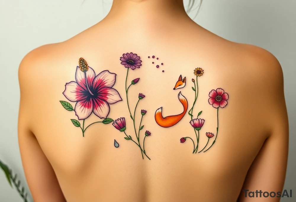 wild hibiscus and meadow flowers with morning dew drops and foxes tattoo idea