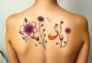 wild hibiscus and meadow flowers with morning dew drops and foxes tattoo idea