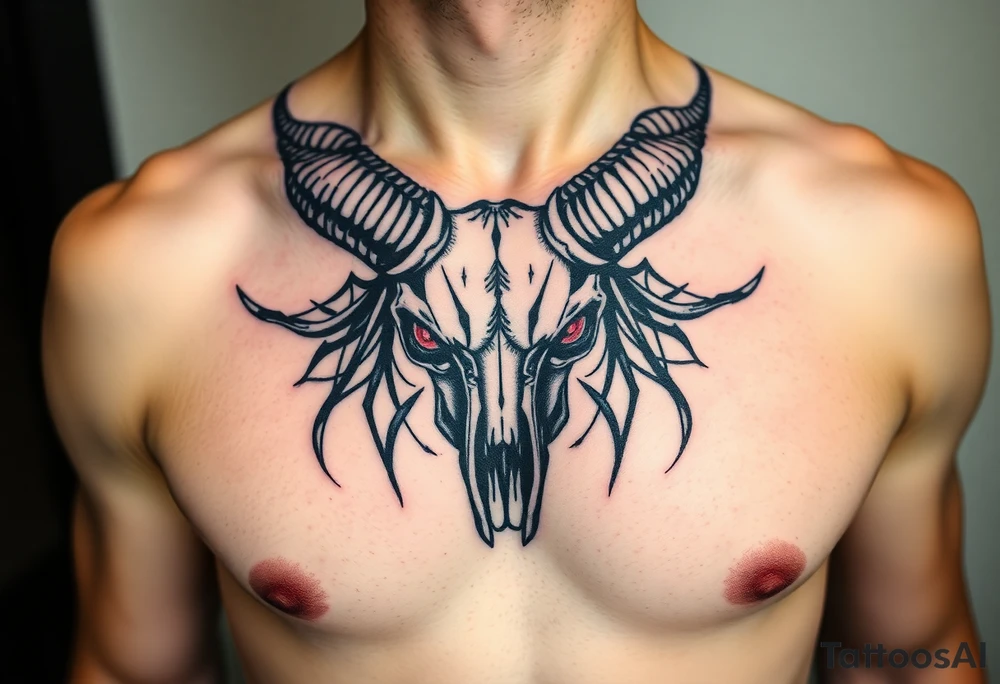 Evil Abstract looking taurus skull chest tattoo with red eyes tattoo idea