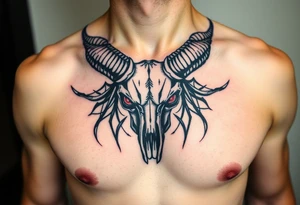 Evil Abstract looking taurus skull chest tattoo with red eyes tattoo idea