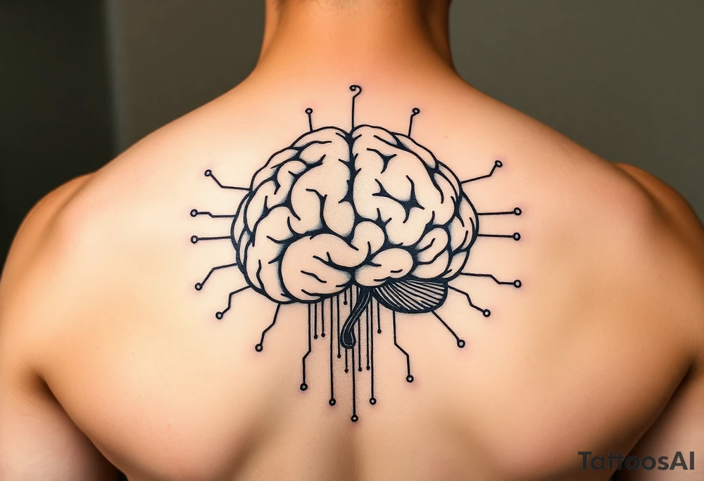 Elegant line art of a human brain connected to circuit lines, symbolizing programming and logic tattoo idea