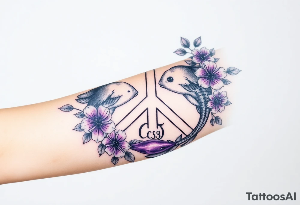 peace symbol filled with day prints and purple, Pisces symbol, intertwined with violets, amethyst, initials csb in cursive font tattoo idea