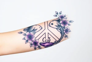 peace symbol filled with day prints and purple, Pisces symbol, intertwined with violets, amethyst, initials csb in cursive font tattoo idea