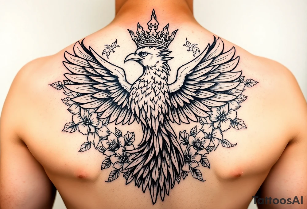 powerful majestic phoenix with crown of fire, surrounded by floral ornaments and birds tattoo idea