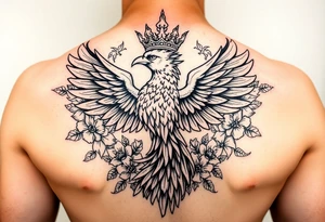powerful majestic phoenix with crown of fire, surrounded by floral ornaments and birds tattoo idea