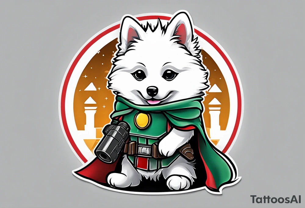 American Eskimo puppy, dressed like boba fett tattoo idea