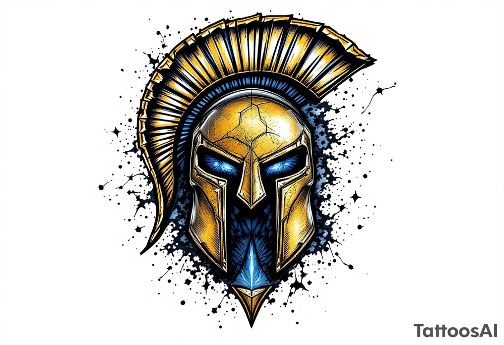 A half-football, half-hockey ball fused behind a gleaming golden Sparta "S" logo with blue accents. tattoo idea