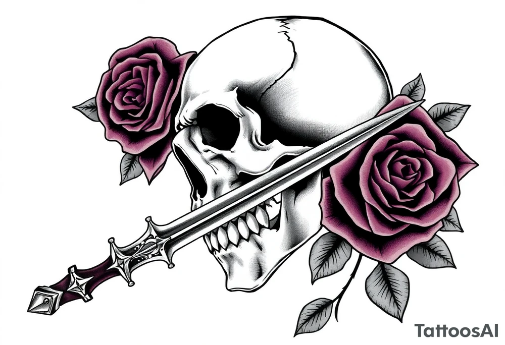 Skull and dark roses, one ornate broadsword piercing through. tattoo idea
