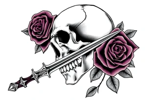 Skull and dark roses, one ornate broadsword piercing through. tattoo idea