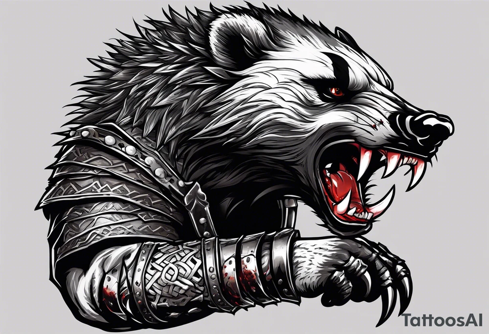 Draw me psychopath Honey Badger/Berserker with aggressive full body, killer face with a scary smile, very long nails and he attacks like a Bloody Assassin/Warrior/Gladiator to us and also, he has very deadly looking. He fights with his nails. Everybody scares after their first sight. Give me horror type Badger Tattoo. I want to see his Realistic full body with no weapons. You can show destruction. tattoo idea