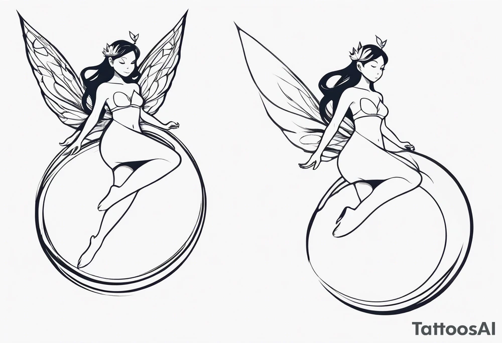 Minimalistic, monochromatic fairy with a tail flying to the left in a fetal position, leaning and looking in the same direction, with visible hands, embodying the 'Fairy Tail' logo aesthetic. tattoo idea