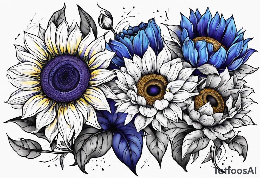 Blue yellow and purple sunflowers arm sleeve tattoo idea