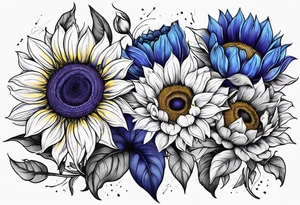 Blue yellow and purple sunflowers arm sleeve tattoo idea