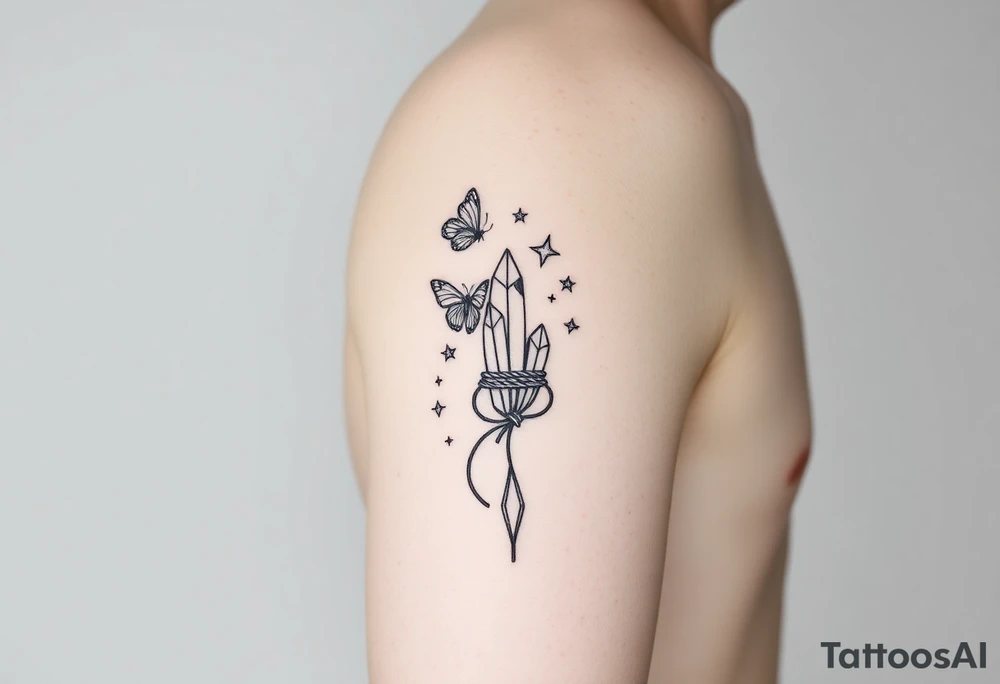 Placement: Forearm half sleeve, with forget-me-not wrapped around, with 3 small butterflies placed around it on the outer forearm. The word ‘siempre’ along the inside of the wrist around the radial pulse area. On the palm side of the wrist, there is 444 and a fine line moon and star. On the inner forearm, there are two crystals tied together with rope, with some stars dotted around it and two fine line leaf stems, and a moon above it. All tattoos in black ink. tattoo idea