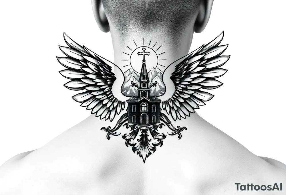 russian coat of arms with both heads visible & wings spanning out on my back neck across on to my shoulders / traps with a orthodox christian church being visible in a mountainous sun beaming setting, with the russian orthodox cross spire of the orthodox church being visible on my neck with a sun beaming in the background that the cross sits inside tattoo idea