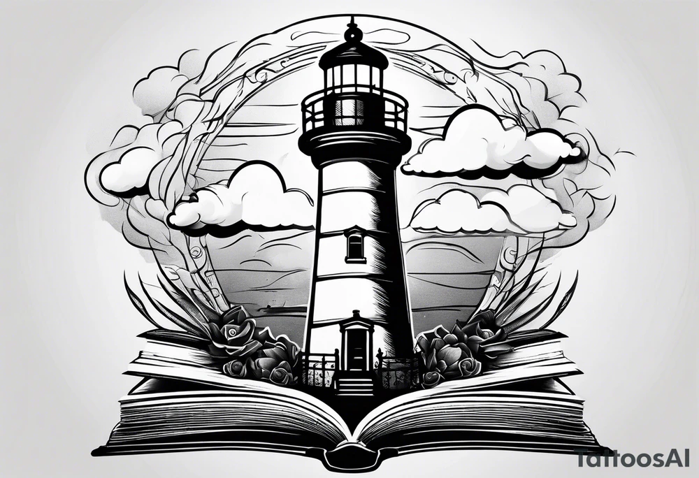 minimalist "open book" with a lighthouse in the middle and a clock and surrounded by storm tattoo idea