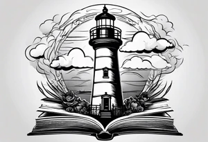 minimalist "open book" with a lighthouse in the middle and a clock and surrounded by storm tattoo idea