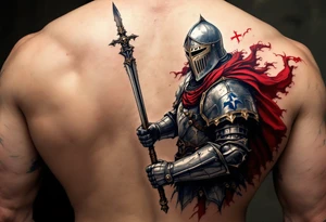 A knight in medieval armor holding a Czech flag (blue, white, red), inspired by Hussite warriors, with battle-worn silver and red tones. tattoo idea