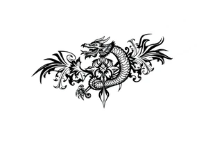 un dragon central entouré de fleurs de lys de style avec des ombrages dans un style assez fin tattoo idea