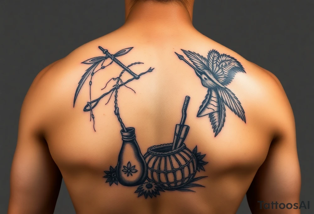 A picture of the lucayan people and things representing their culture in color . As an arm sleeve tattoo idea