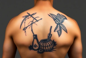 A picture of the lucayan people and things representing their culture in color . As an arm sleeve tattoo idea