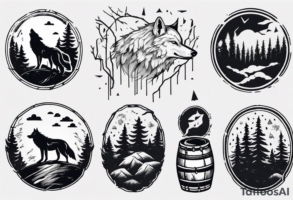 thunderstorm over a forest with a wolf howling on drums tattoo idea thunderstorm over a forest with a wolf howling on drums tattoo idea