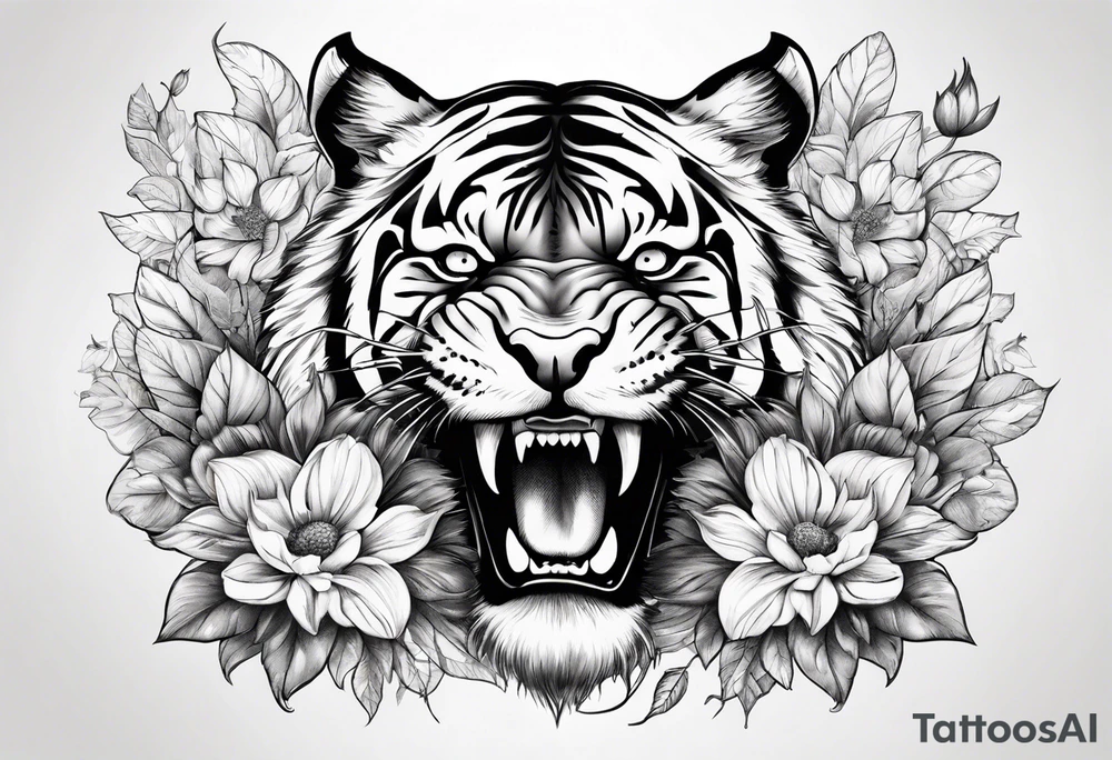 Flower with the middle as an open tiger mouth tattoo idea